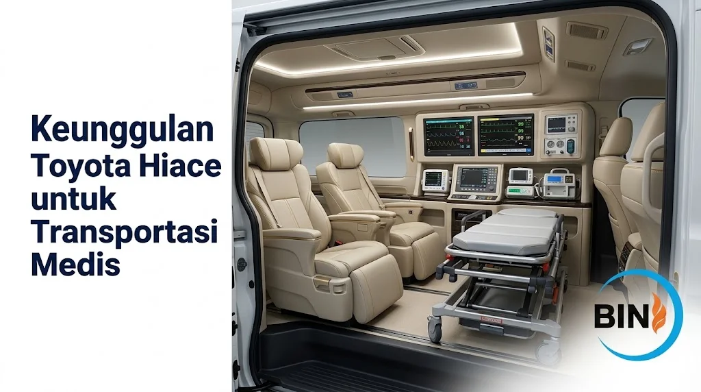 Banner Keunggulan Toyota Hiace untuk Transportasi Medis menampilkan interior ambulans VVIP mewah dengan kursi kapten, peralatan medis modern, serta logo BIN di pojok kanan bawah.