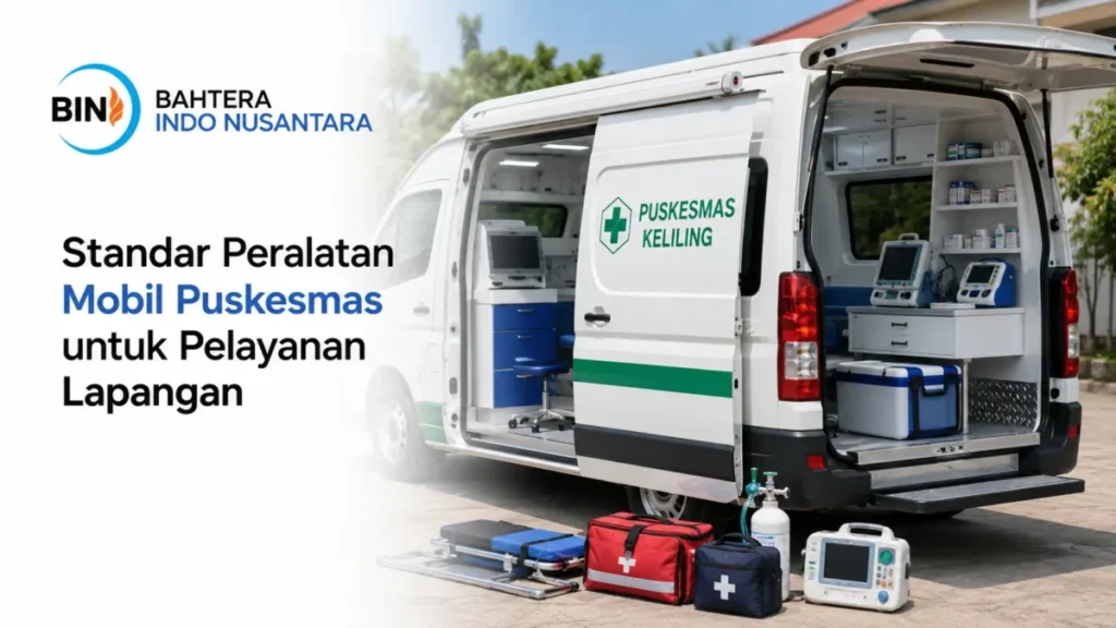 Berbagai alat medis diletakkan di luar mobil ambulans yang terbuka, menampilkan teks Standar Peralatan Mobil Puskesmas untuk Pelayanan Lapangan.
