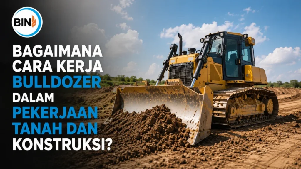 Cara Kerja Bulldozer dalam mendorong, meratakan, dan memindahkan material tanah pada proyek konstruksi menggunakan blade berkapasitas besar.