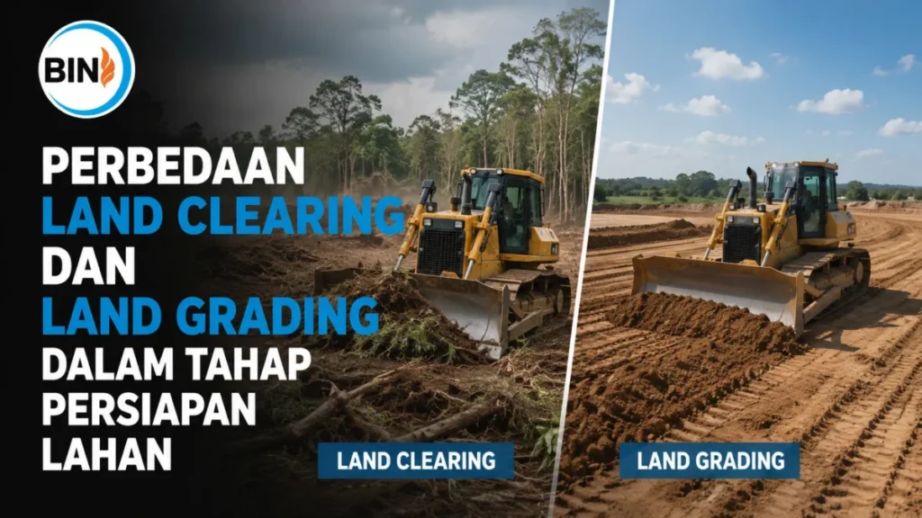 Land Clearing dan Land Grading sebagai tahapan persiapan lahan yang meliputi pembersihan area dan perataan permukaan tanah menggunakan alat berat