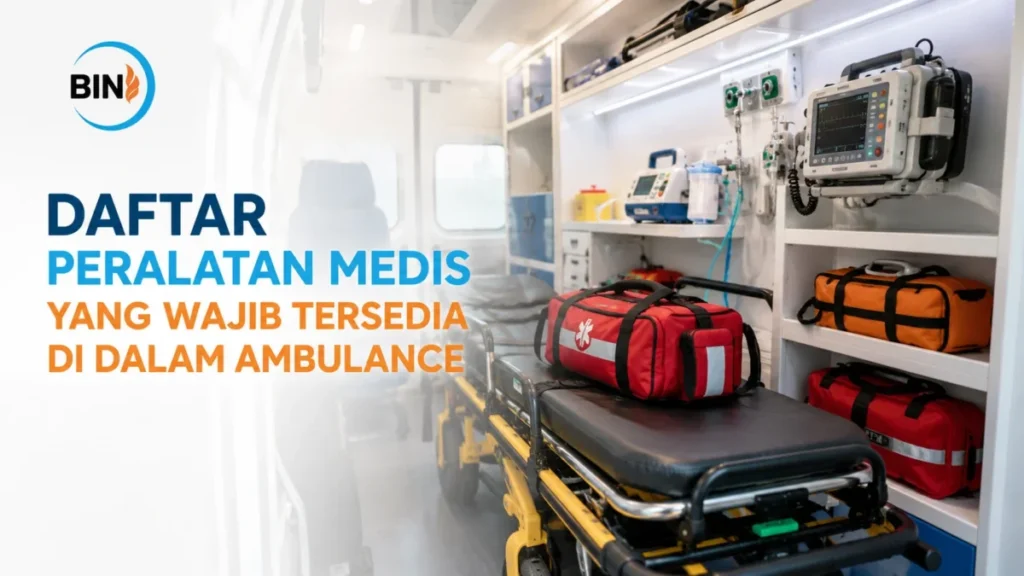 Peralatan Medis Ambulance berupa tandu, monitor pasien, tabung oksigen, defibrillator, dan perlengkapan medis darurat yang tersusun rapi di dalam ambulans
