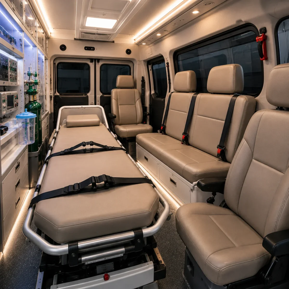 close-up jok kulit premium led ambient dan panel medis deluxe toyota hiace