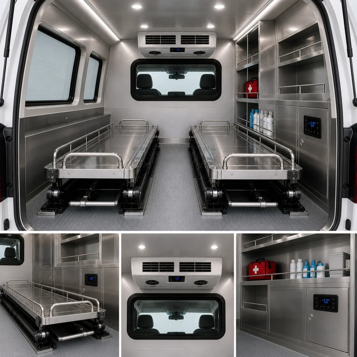 close-up material interior anti bakteri sistem pendingin dan rak penyimpanan mobil jenazah