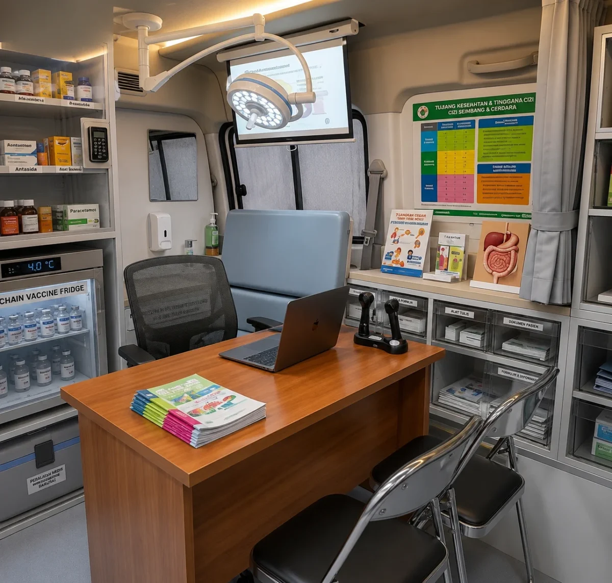 Gambar interior mobil puskesmas keliling Suzuki APV standar e-Katalog LKPP dengan meja periksa, kursi dokter, dan wastafel.