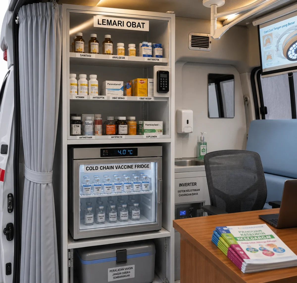 Gambar interior mobil puskesmas keliling Suzuki APV standar e-Katalog LKPP dengan meja periksa, kursi dokter, dan wastafel.