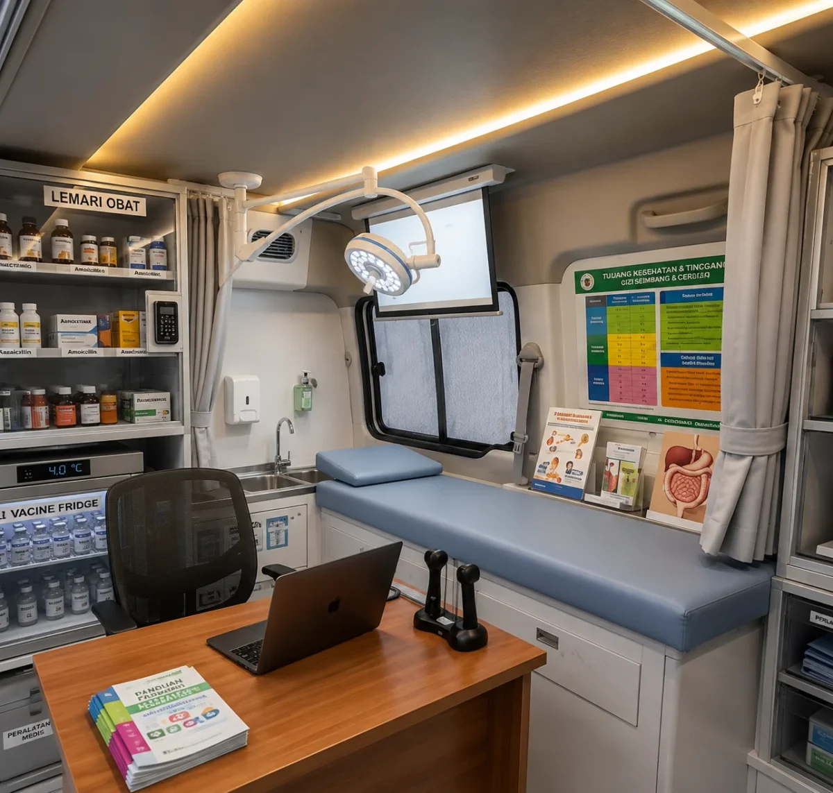 Gambar interior mobil puskesmas keliling Suzuki APV standar e-Katalog LKPP dengan meja periksa, kursi dokter, dan wastafel.