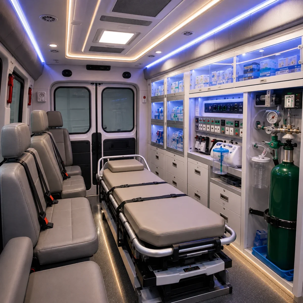 close-up jok kulit premium led ambient dan panel medis deluxe toyota hiace