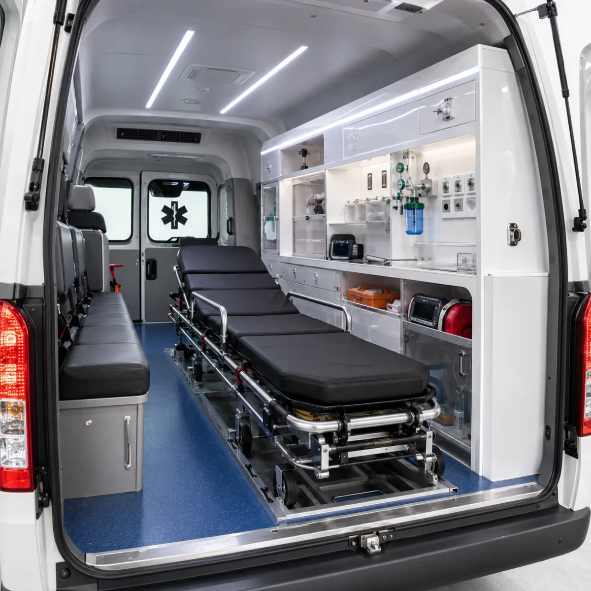 close-up tempat tidur pasien panel oksigen dan kursi pendamping di dalam ambulance toyota hiace