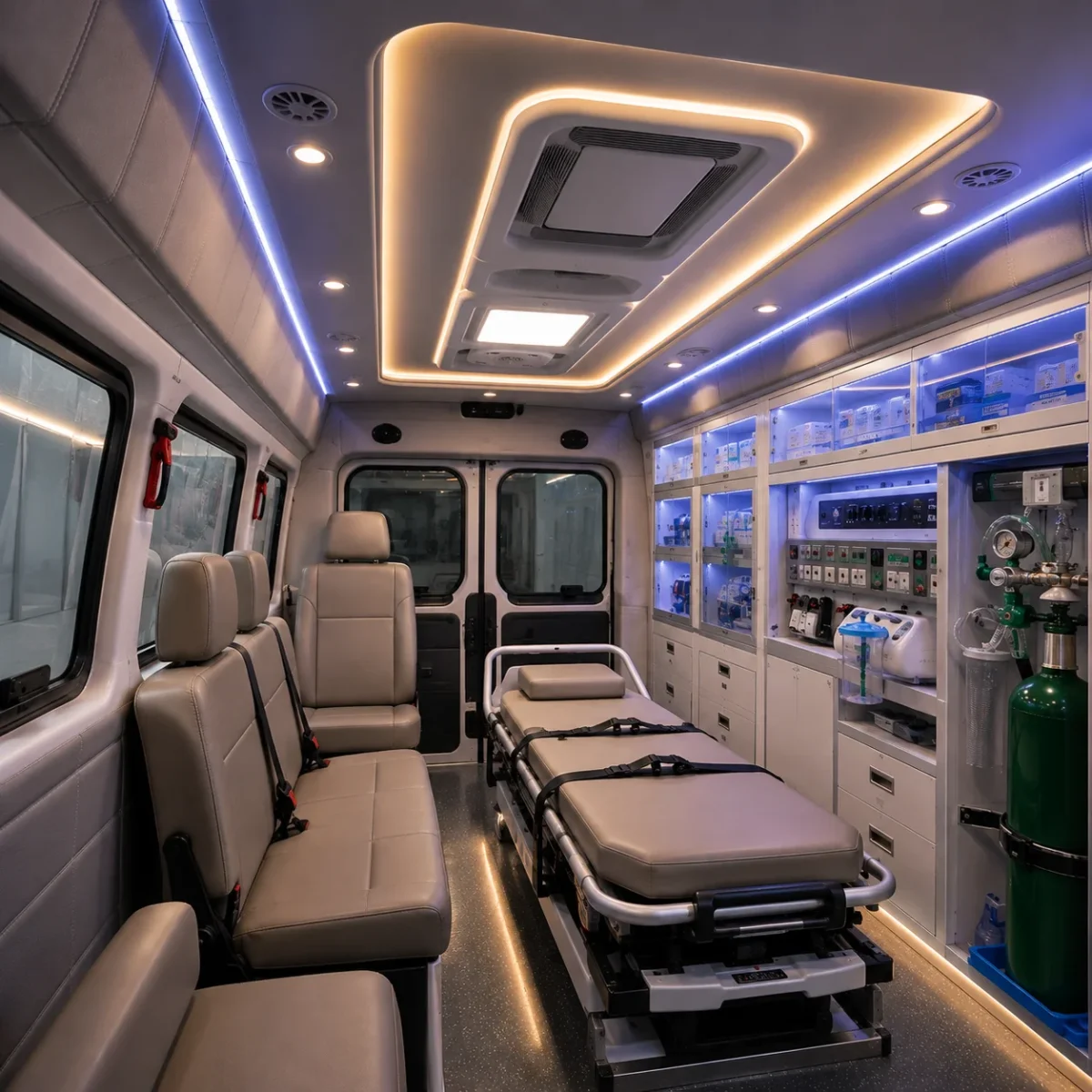 close-up jok kulit premium led ambient dan panel medis deluxe toyota hiace