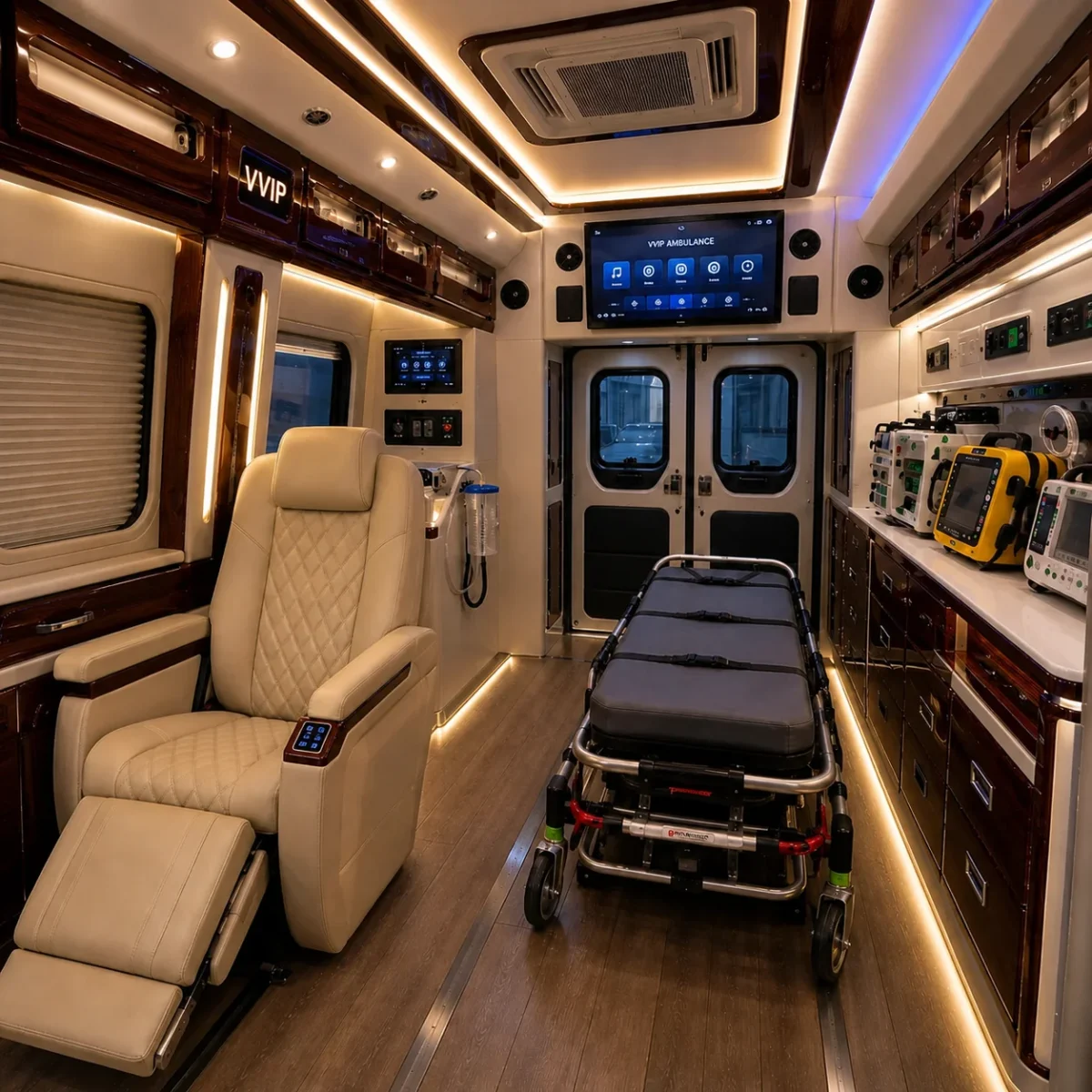 close-up interior mewah kursi vvip dan panel medis mercy sprinter 414 a3