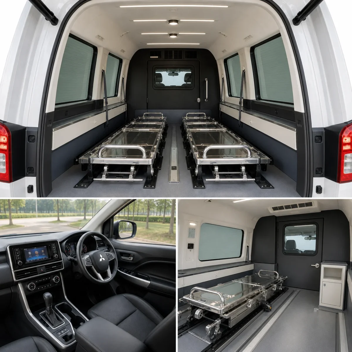 close-up kabin terpisah panel pendingin dan interior premium mobil jenazah destinator