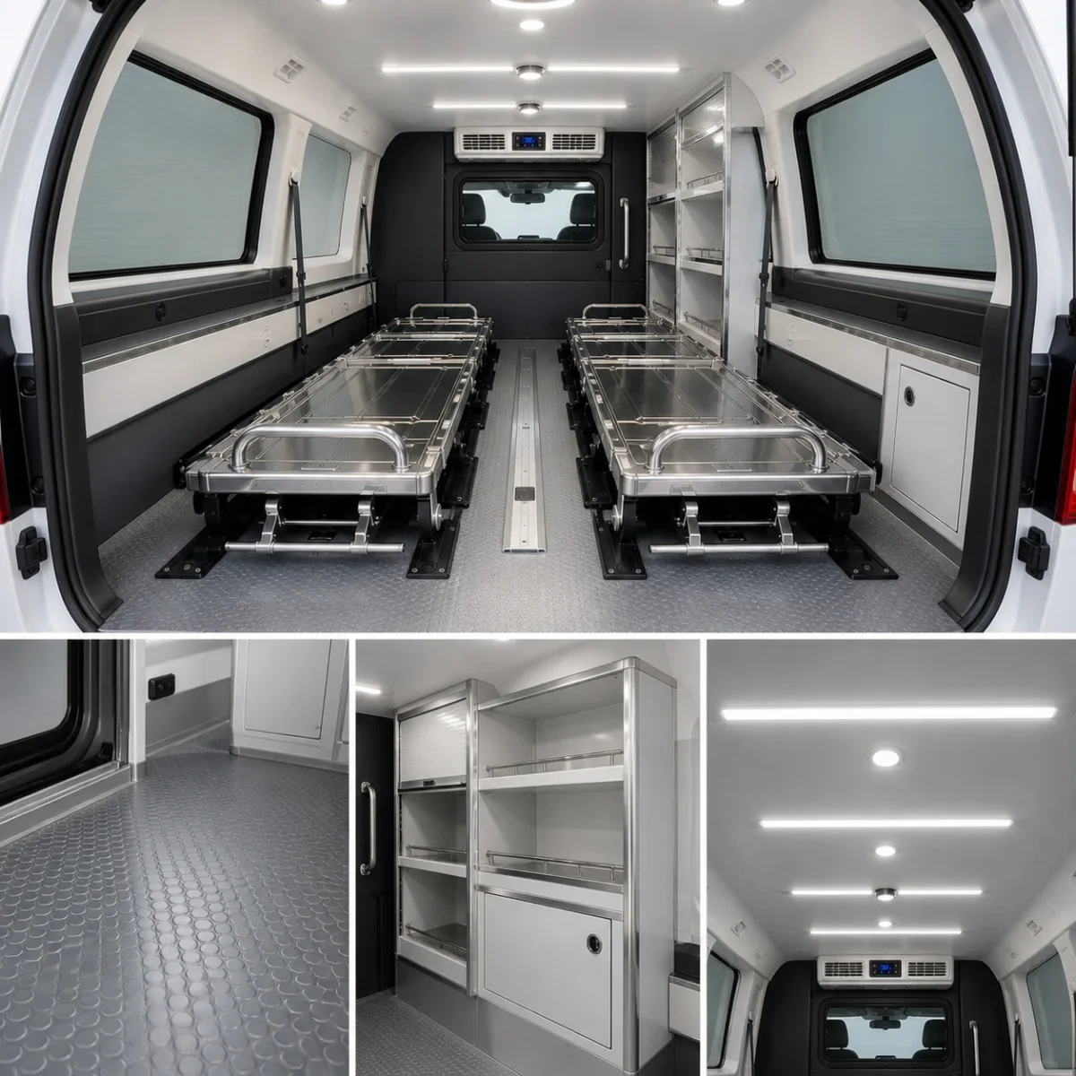 close-up kabin terpisah panel pendingin dan interior premium mobil jenazah destinator