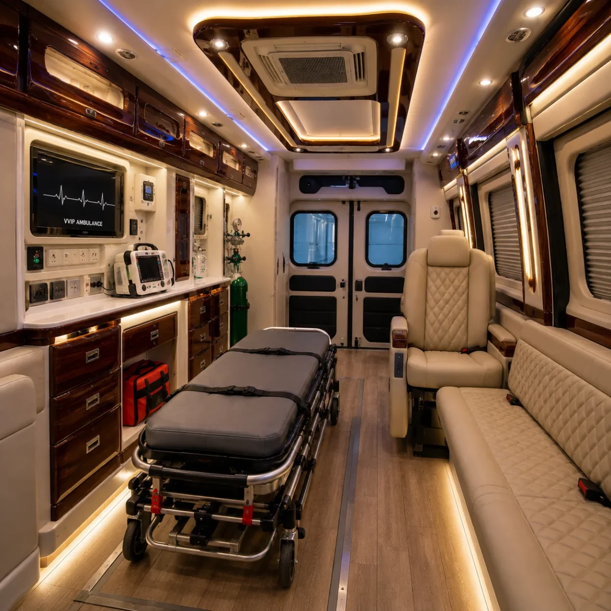 close-up interior mewah kursi vvip dan panel medis mercy sprinter 414 a3