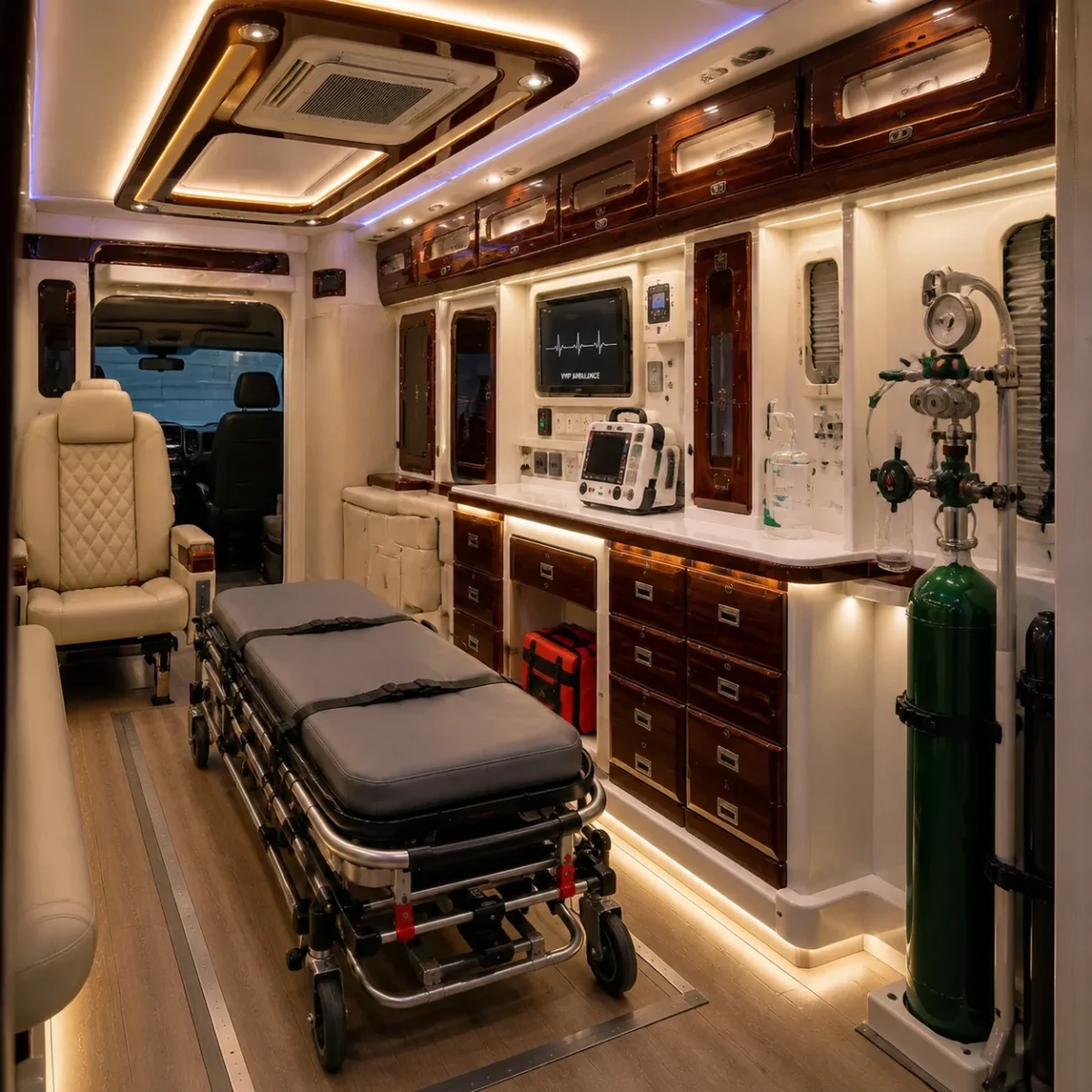 close-up interior mewah kursi vvip dan panel medis mercy sprinter 414 a3