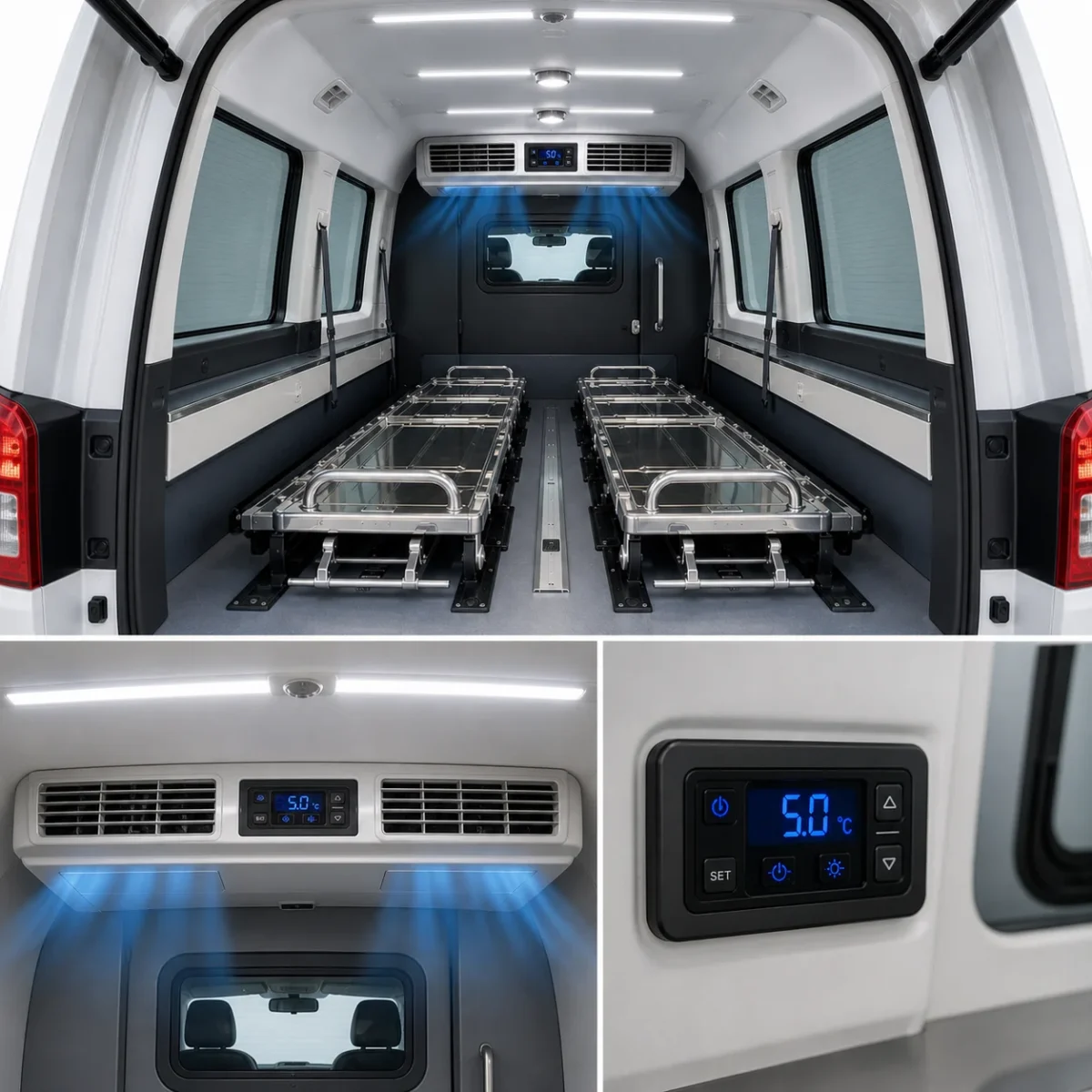 close-up kabin terpisah panel pendingin dan interior premium mobil jenazah destinator