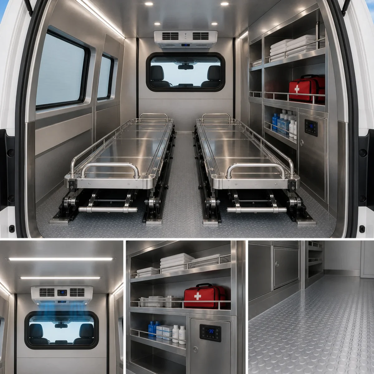 close-up kabin double cabin box jenazah dan rak penyimpanan mobil jenazah triton