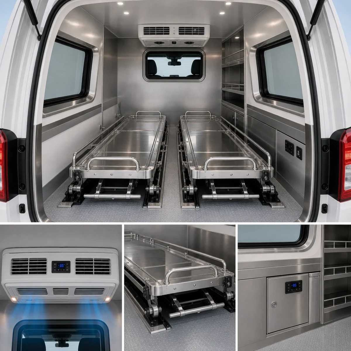 close-up kabin double cabin box jenazah dan rak penyimpanan mobil jenazah triton