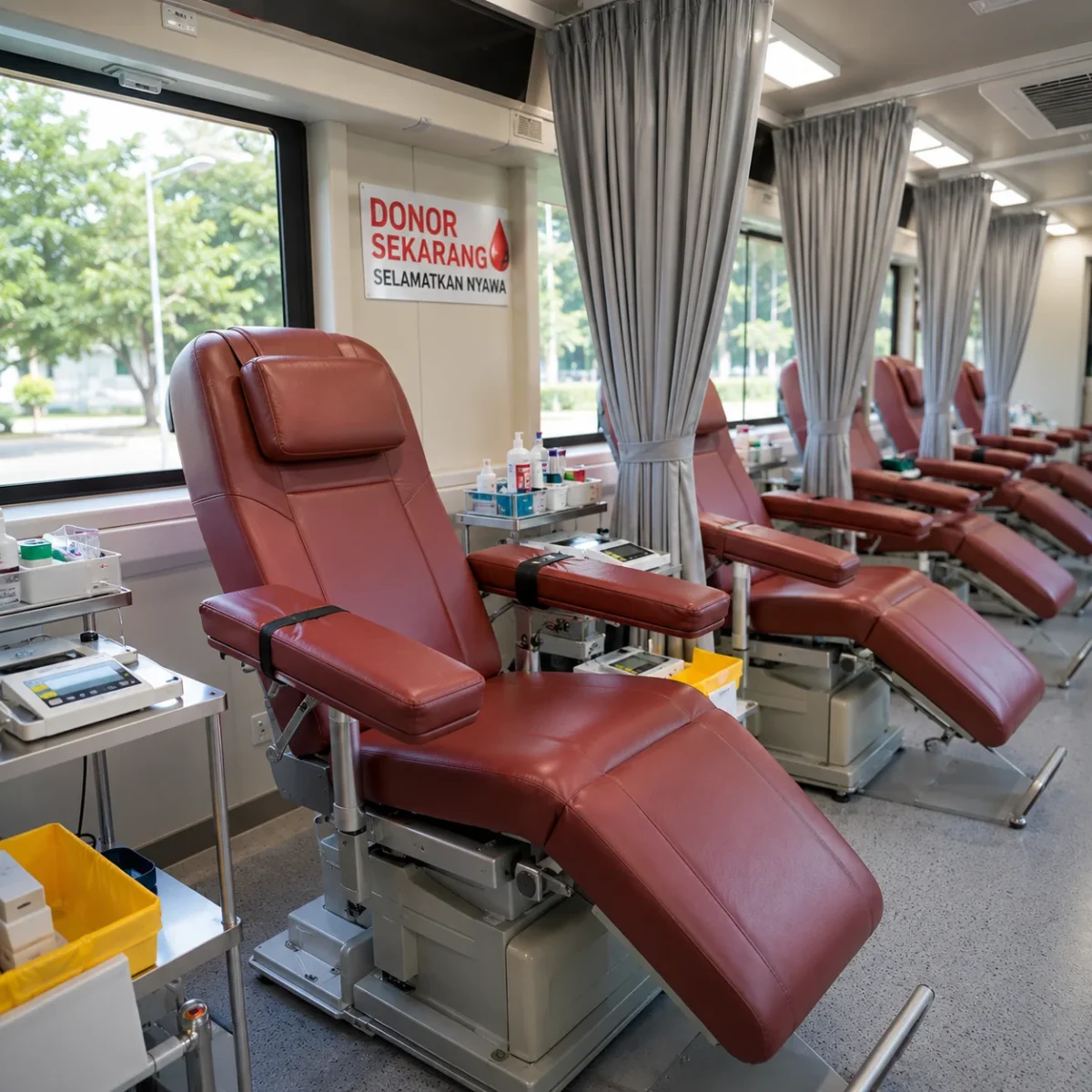close-up kursi donor ergonomis lemari pendingin darah dan area skrining mobil utd