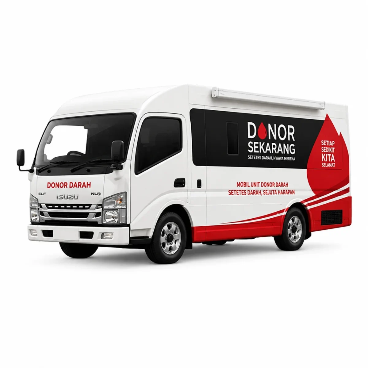 Produk Kendaraan Medis Inaproc berupa mobil unit donor darah berwarna putih dan merah