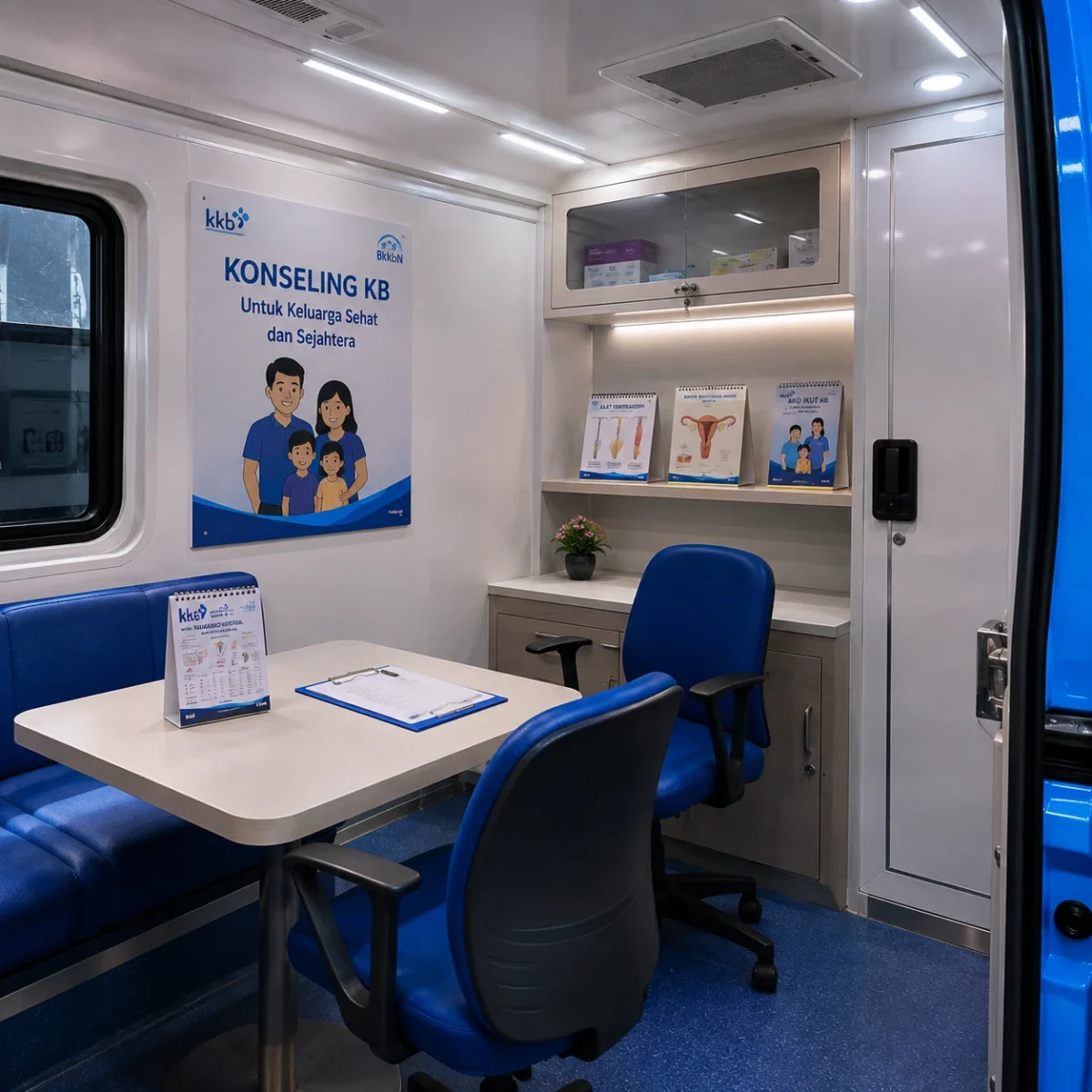 close-up ruang konsultasi privat meja ginekologi dan area penyuluhan mobil kb hino