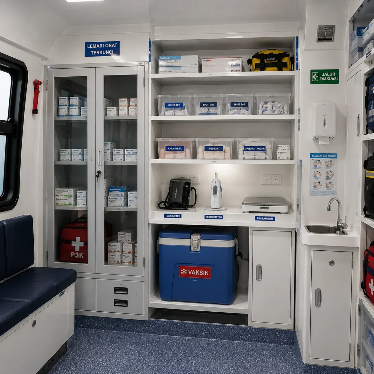 close-up meja periksa ruang konsultasi dan lemari obat mobil gran max yankes