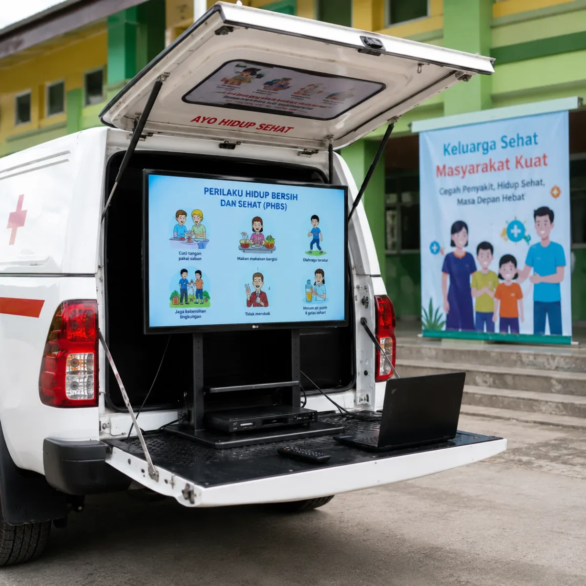 close-up sound system layar monitor genset dan rak brosur mobil promkes hilux