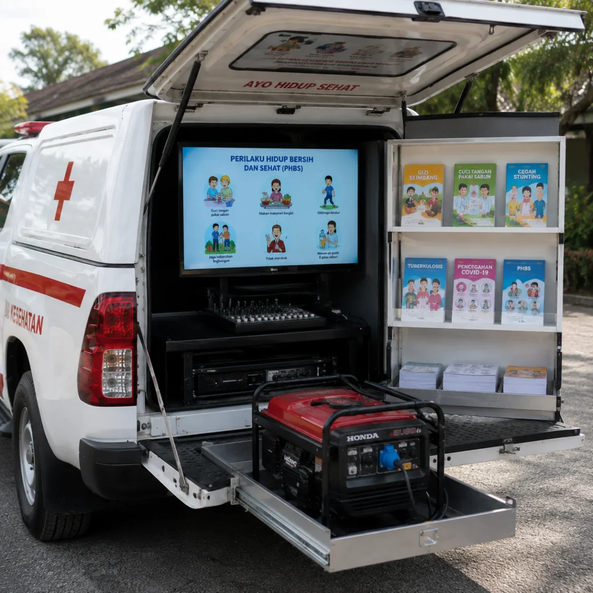 close-up sound system layar monitor genset dan rak brosur mobil promkes hilux
