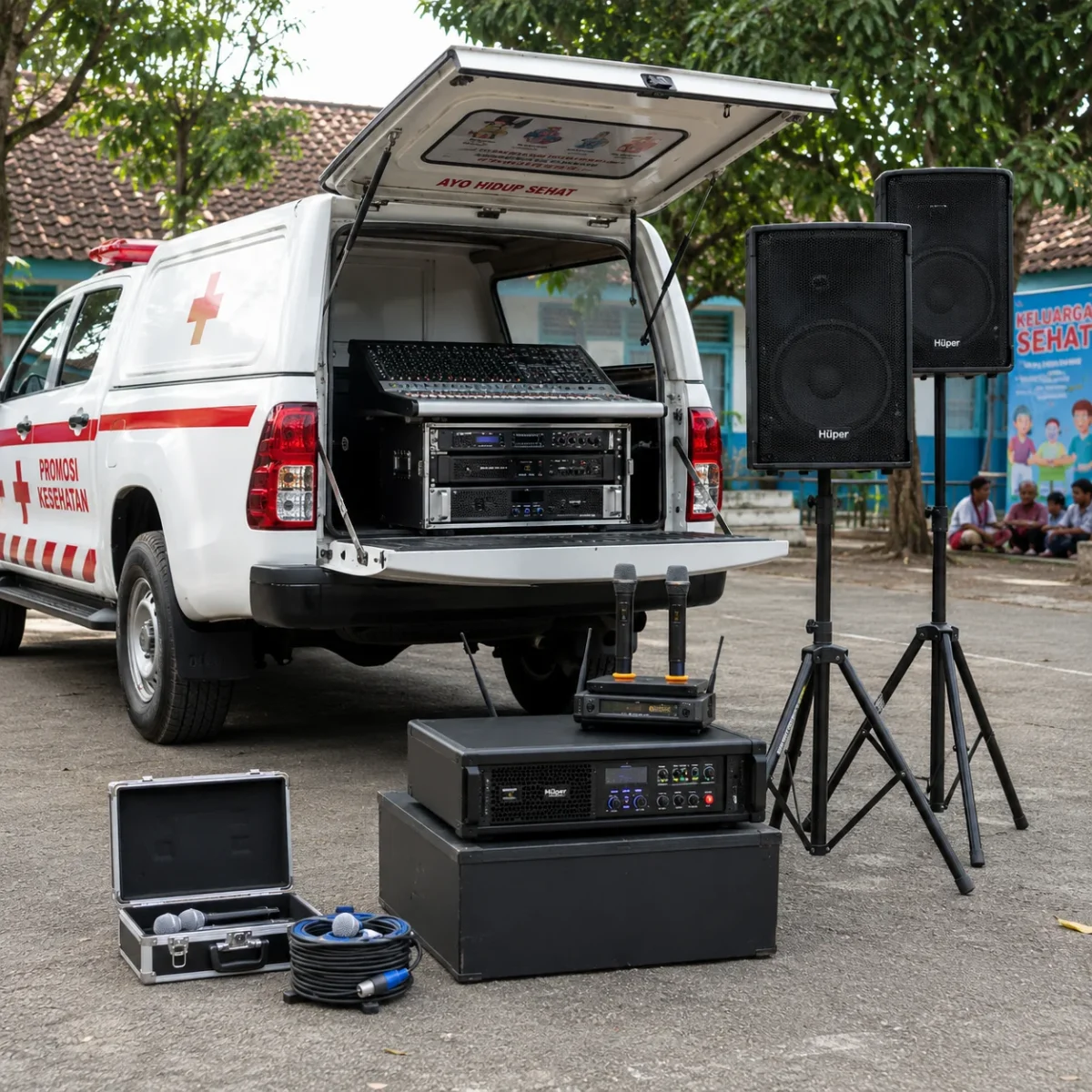 close-up sound system layar monitor genset dan rak brosur mobil promkes hilux